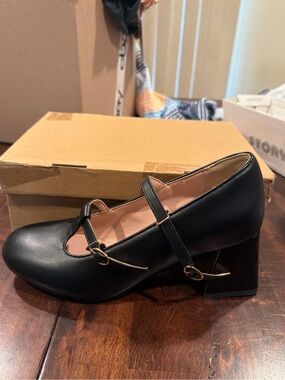 Butiti Women’s Classic Double Buckle Block Heel Pump Shoes Black Leather Size 9